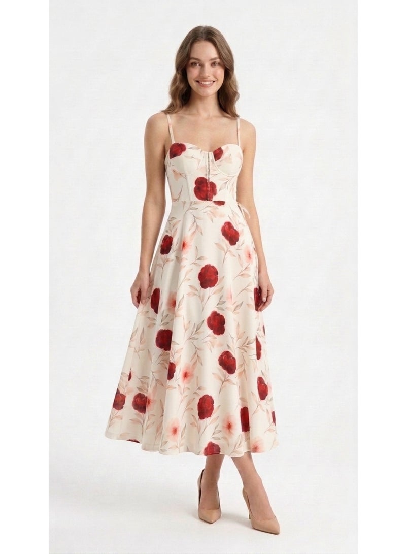 Women Floral Print Spaghetti Strap A-Line Midi Dress | Elegant Red Flower Summer Dress with Adjustable Straps - Image 1
