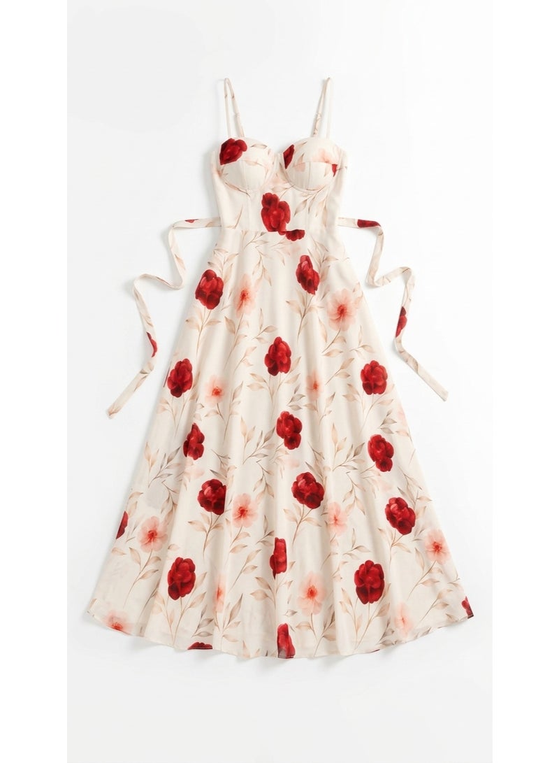 Women Floral Print Spaghetti Strap A-Line Midi Dress | Elegant Red Flower Summer Dress with Adjustable Straps - Image 3