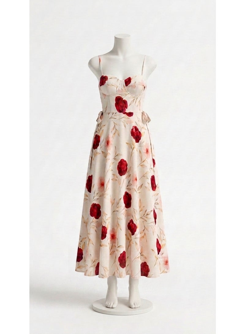 Women Floral Print Spaghetti Strap A-Line Midi Dress | Elegant Red Flower Summer Dress with Adjustable Straps - Image 2