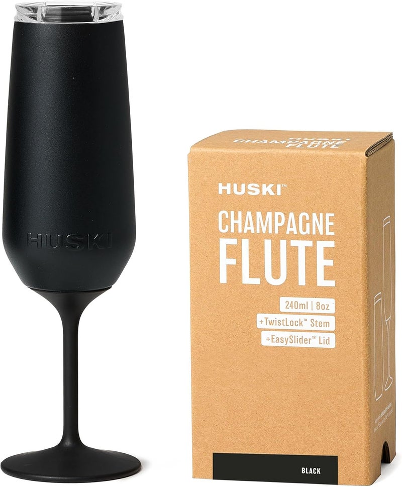Huski Champagne Flute | NEW | Award-winning Design with Detachable Stem | Premium Stainless Steel Champagne Glass with Lid | Triple Insulated Tumbler | 8oz Capacity | Great Gift (Black) - Image 1