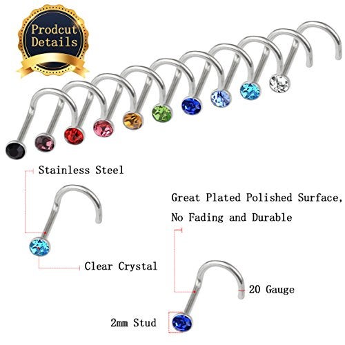 cnomg 20 pieces 316L Stainless Steel Rhinestone Nose Stud Rings Body Piercing- 10 Mixed Color 2.2 MM - Image 2