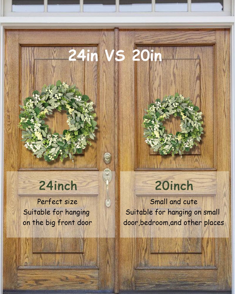 Vlorart 24-26 Inch Artificial Spring Summer Greenery Christmas Wreaths for Front Door Green Eucalyptus Leaf Wreath Decor Boxwood with Big Berries for Farmhouse Outside Year Round - Image 4