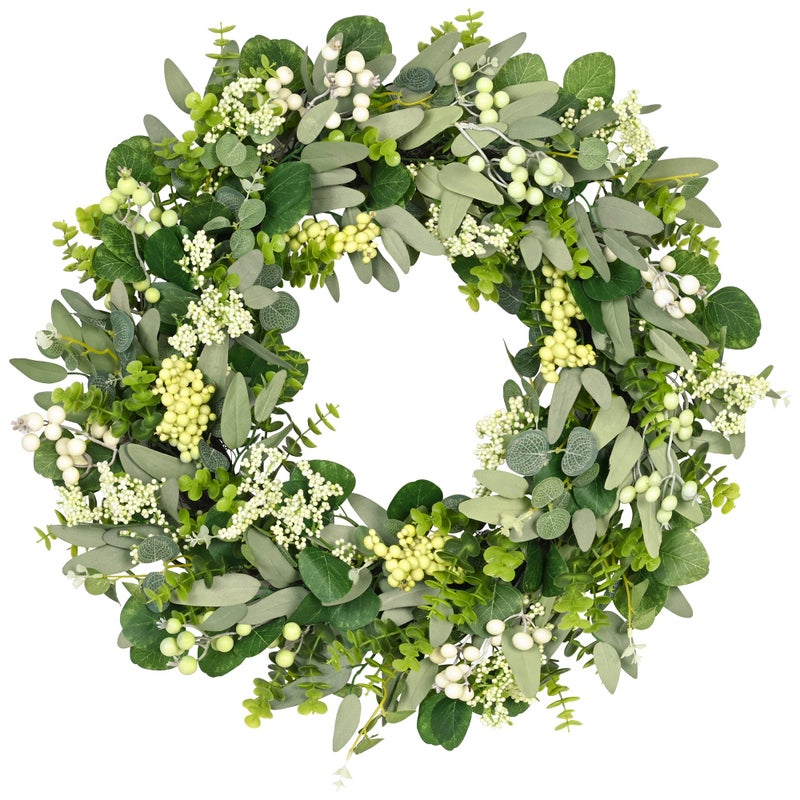 Vlorart 24-26 Inch Artificial Spring Summer Greenery Christmas Wreaths for Front Door Green Eucalyptus Leaf Wreath Decor Boxwood with Big Berries for Farmhouse Outside Year Round - Image 1