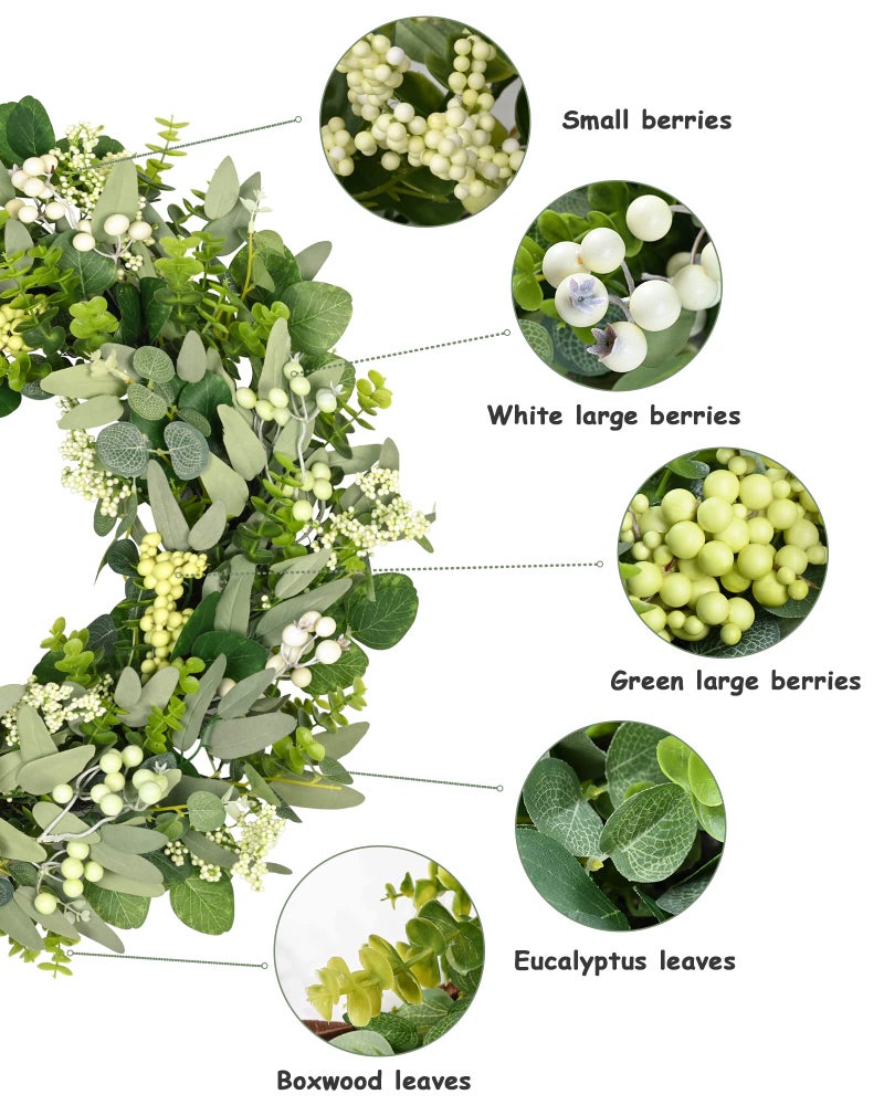 Vlorart 24-26 Inch Artificial Spring Summer Greenery Christmas Wreaths for Front Door Green Eucalyptus Leaf Wreath Decor Boxwood with Big Berries for Farmhouse Outside Year Round - Image 3