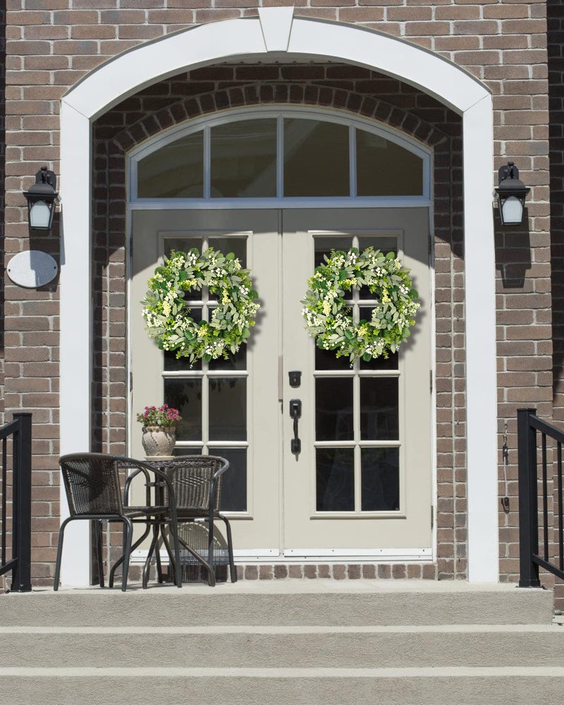 Vlorart 24-26 Inch Artificial Spring Summer Greenery Christmas Wreaths for Front Door Green Eucalyptus Leaf Wreath Decor Boxwood with Big Berries for Farmhouse Outside Year Round - Image 5