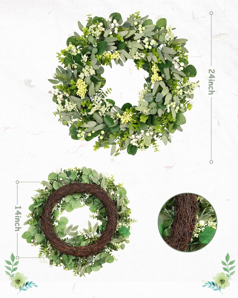 Vlorart 24-26 Inch Artificial Spring Summer Greenery Christmas Wreaths for Front Door Green Eucalyptus Leaf Wreath Decor Boxwood with Big Berries for Farmhouse Outside Year Round - Image 2