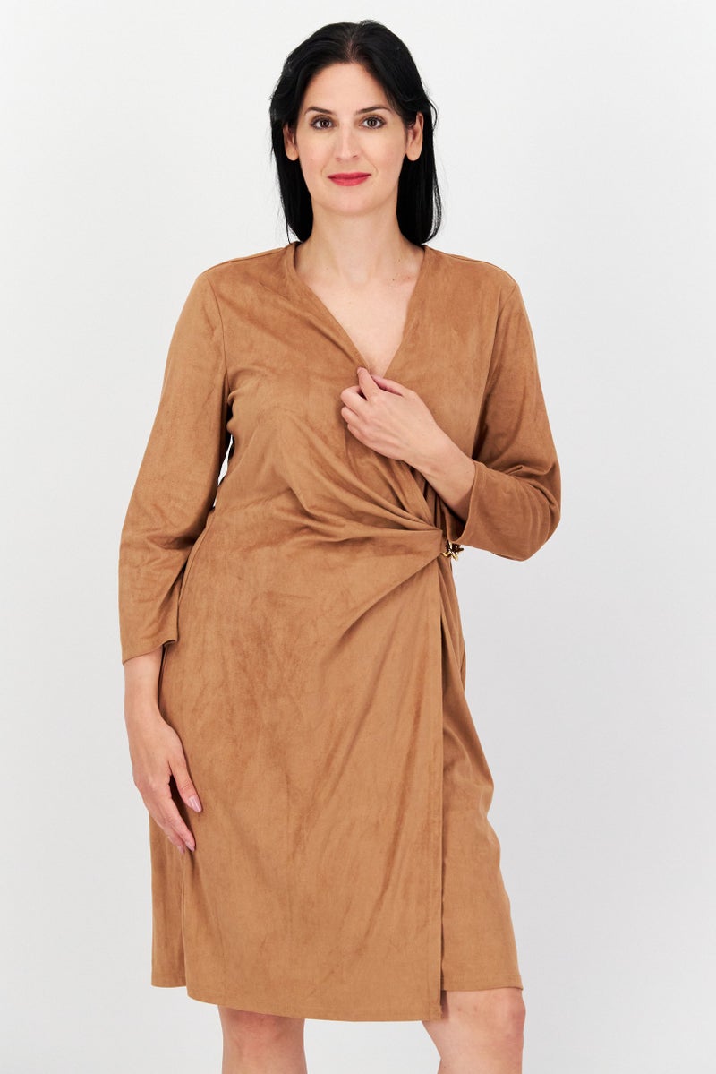 ANNE KLEIN Women Plain Wrap Dress, Brown - Image 1