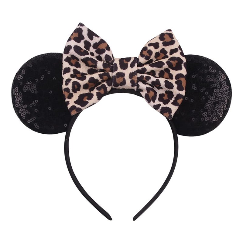 Foeran Mouse Ears Headbands Shiny Bows Mouse Ears Glitter Party Princess Decoration Cosplay Costume for Girls Women Leopard print1