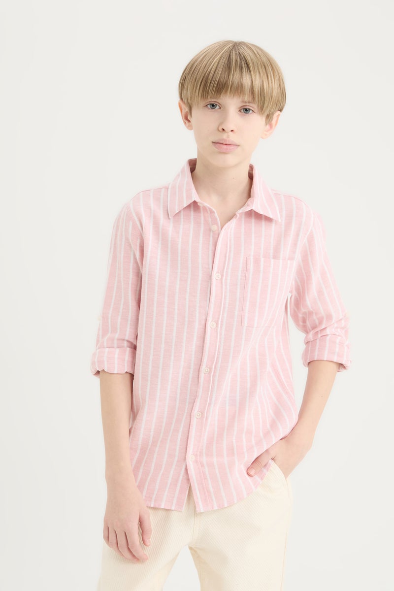 DeFacto Pink Boy Boy Regular Fit Polo Collar Striped Linen Blend Shirt Casual - Image 1