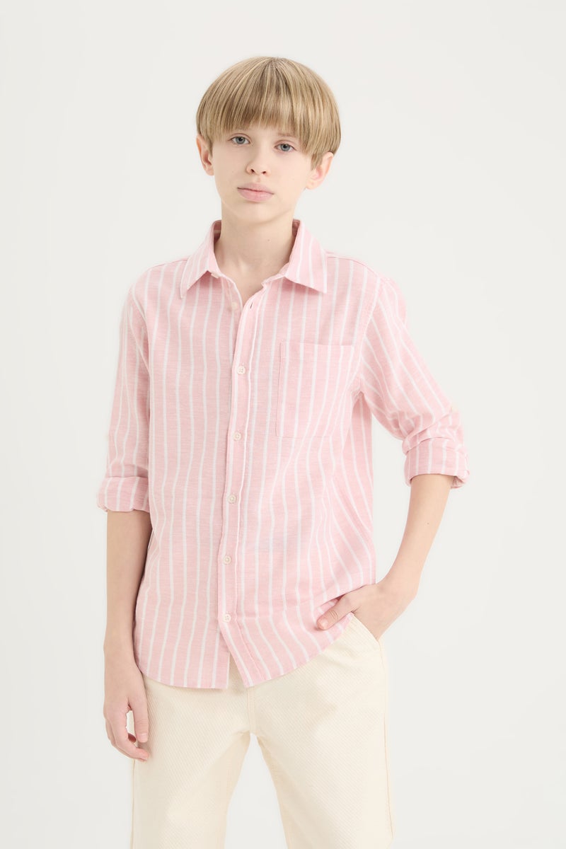 DeFacto Pink Boy Boy Regular Fit Polo Collar Striped Linen Blend Shirt Casual - Image 3