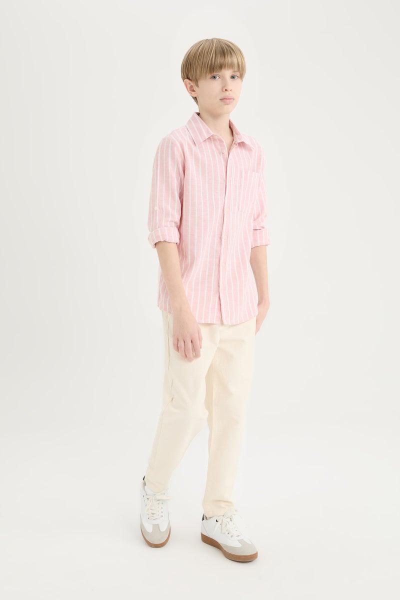 DeFacto Pink Boy Boy Regular Fit Polo Collar Striped Linen Blend Shirt Casual - Image 2