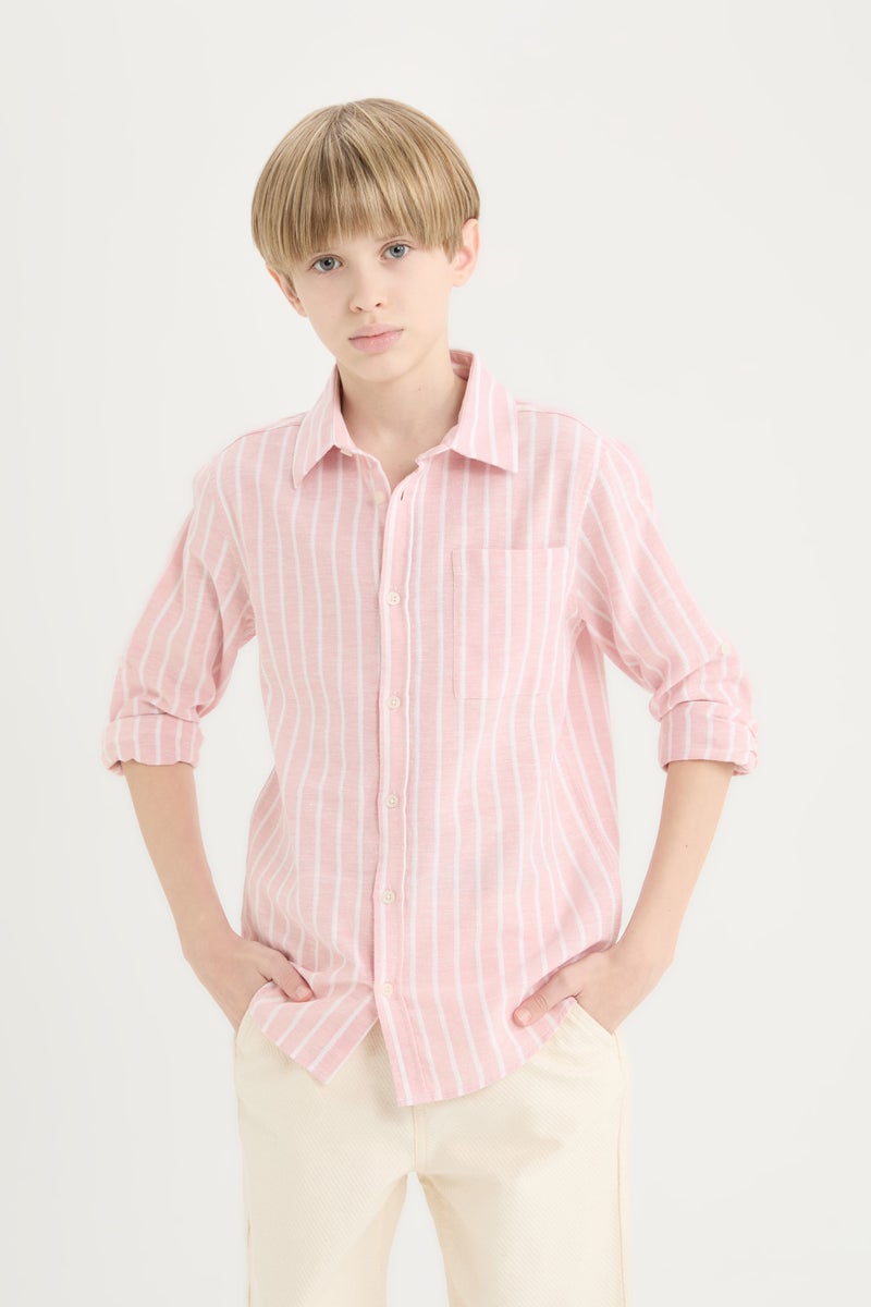 DeFacto Pink Boy Boy Regular Fit Polo Collar Striped Linen Blend Shirt Casual - Image 4