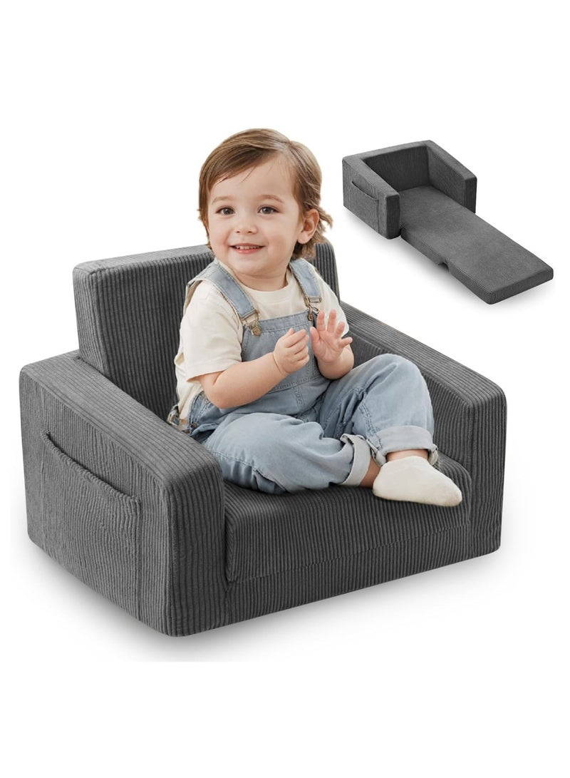 Toddler Couch Fold Out, Convertible Kids Sofa Chair for Ages 1-5, Baby Sofa Chair (Grey) - Image 1