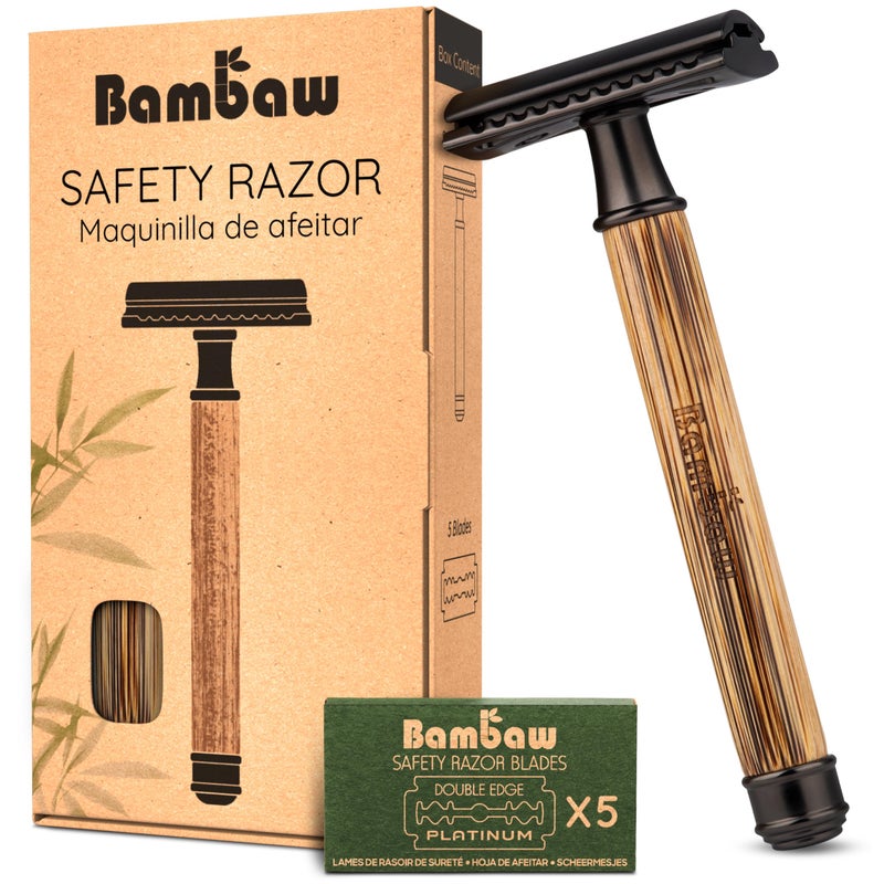 Bambaw Single Blade Razors for Men & Women, Bamboo Razor with 5 Blades, Double Edge Safety Razor, Eco-Friendly, Reusable & Plastic Free â€“ Slim Bamboo Black - Image 1
