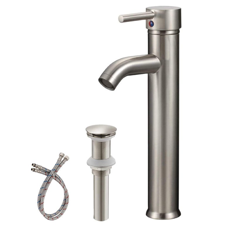 Greenspring Vessel Sink Faucet Brushed Nickel Single Hole Single Handle Lavatory Modern Tall Body Vanity Bowl Bathroom Faucets with Pop Up Drain and Supply Line Brass Material