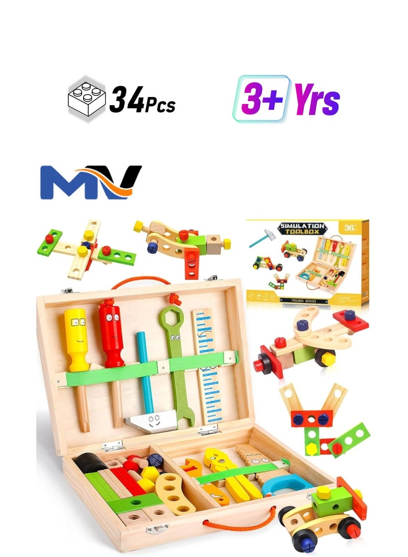 MAGIC VAULT Children's Wooden Toy Tool Box, Wooden Tool, Tool Case Children with Wooden Box, Children's Toy Montessori Toy from 3 4 5 6 Years  - Image 1