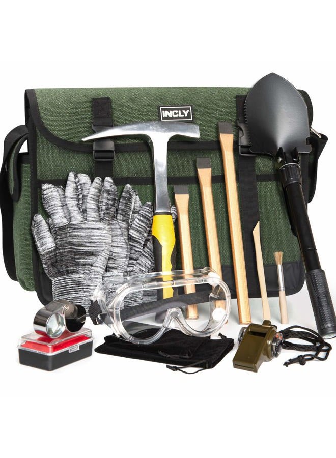INCLY 15 PCS Geology Rock Pick Hammer Kit, 3 PCS Digging Chisels for Rock Hounding, Gold Mining & Prospecting Equipment with Shovel Musette Bag, Compass, Whistle, Wooden Chisel - Image 1