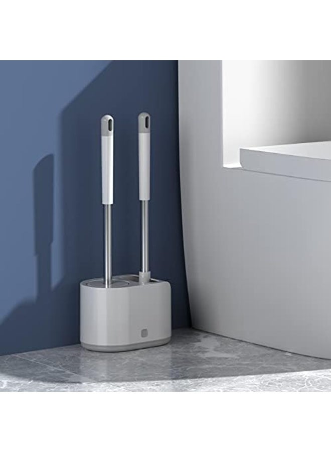 Modern Dual Head Toilet Bowl Brush and Holder Set, Stainless Steel Handle with Ventilated Holder Silicone and Bristle Brushes for Bathroom - Image 2