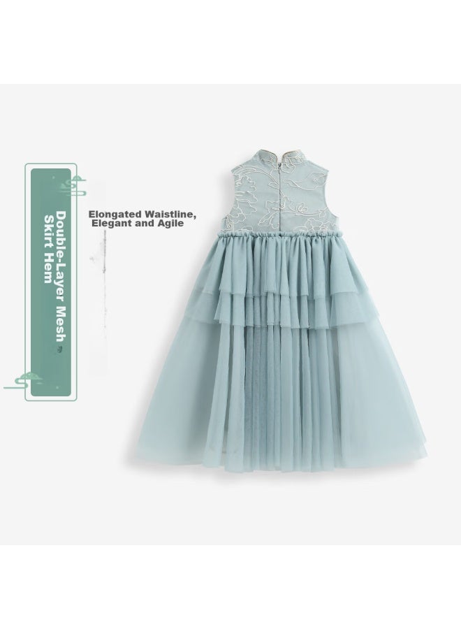 Yeehoo Children's Dress, Girls' Princess Dress, For Older Children, New Chinese-style Qipao, Tulle Skirt, Summer, Light Gray, Size 160 - Image 1