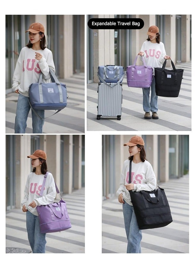 MYK Large Capacity Folding Travel Bag with Luggage Sleeve Shoulder Travel Duffle Bags for Women Expandable Weekender Carry On Overnight Bags Gym Tote Bag with Dry and Wet Separation Purple color - Image 3