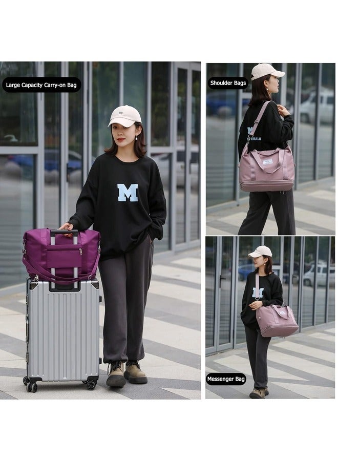 MYK Large Capacity Folding Travel Bag with Luggage Sleeve Shoulder Travel Duffle Bags for Women Expandable Weekender Carry On Overnight Bags Gym Tote Bag with Dry and Wet Separation Purple color - Image 2