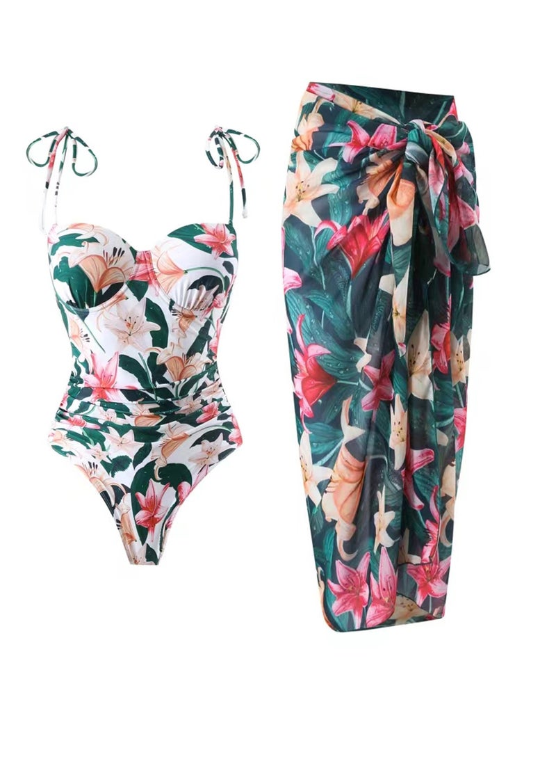 SISGL بدلة سباحة نسائية مكونة من قطعتين مع غطاء شاطئي وتنورة طويلة لملابس السباحة فستان شاطئي نسائي عتيق بدلة سباحة عتيقة ملابس ركوب الأمواج صيفية - Image 1