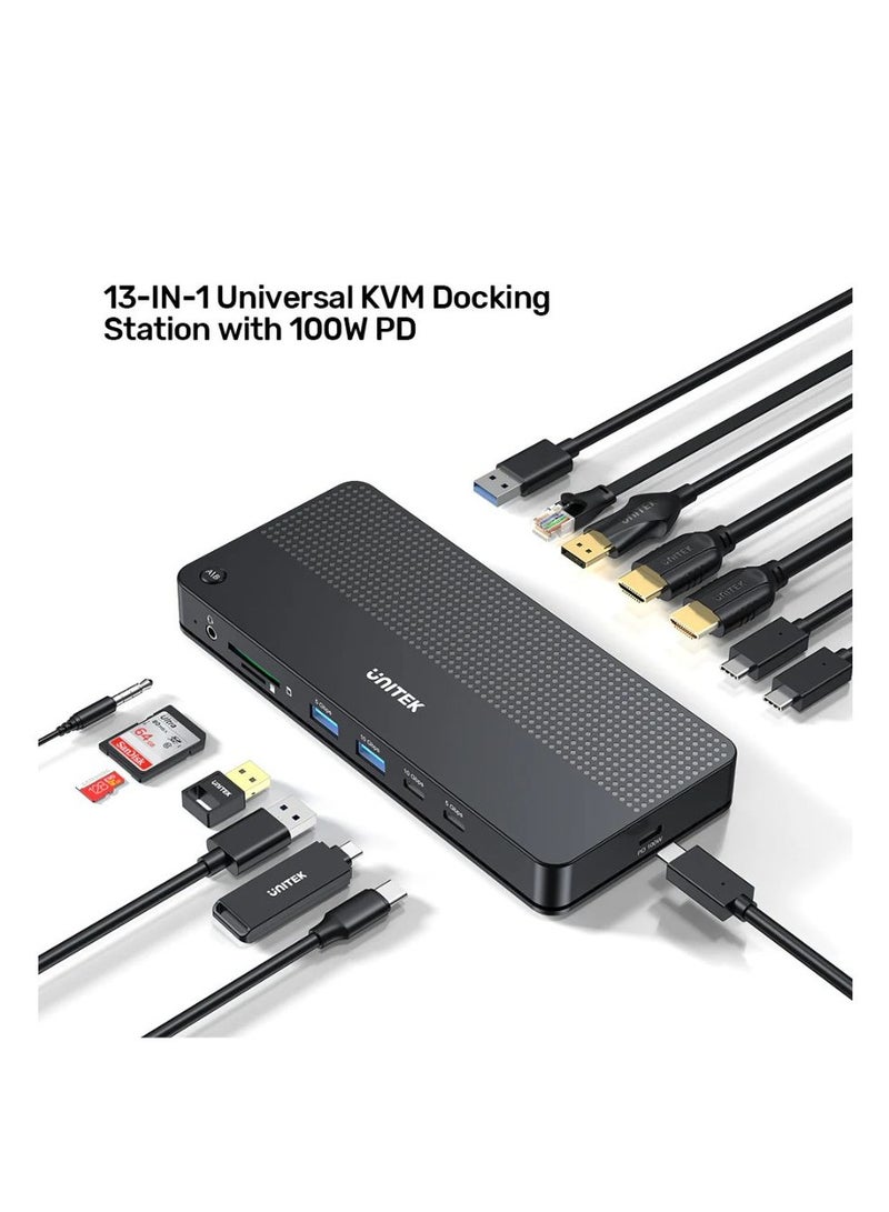 Unitek 13-in-2 Universal KVM Docking Station (USB-C 10Gbps + USB-A 10 Gbps + 2*USB-A 5Gbps + USB-C 5Gbps + 2*HDMI + DP 4K 60Hz  with MST + SD/Micro SD + Audio + Gigabit Ethernet + PD 100W), Black - Image 3