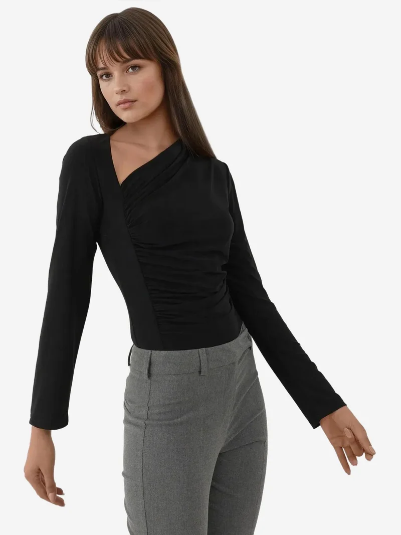 HICCUP Black Asymmetrical Collar Long Sleeve Soft Touch Knitted Top for Women | Best Price UAE