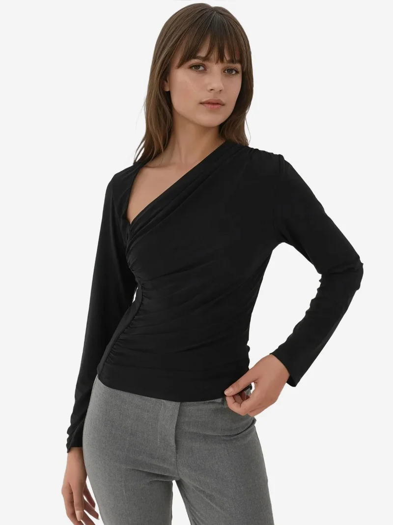 Asymmetrical Collar Long Sleeve Soft Touch Knitted Top