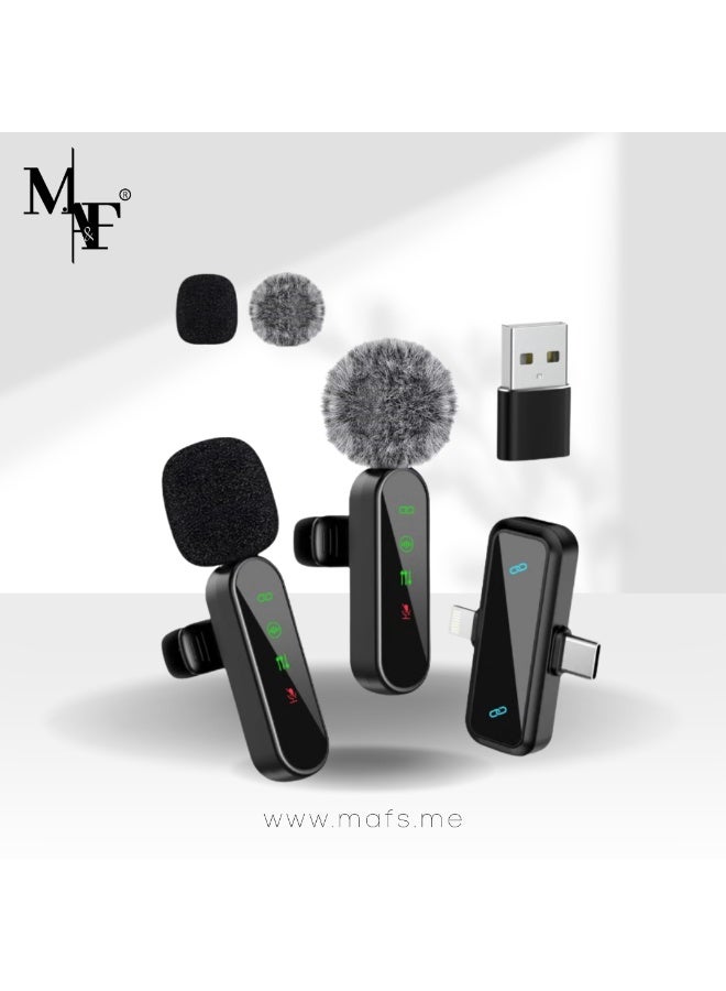 م.ا & ف'س ميكروفون ياقة صغير لاسلكي لأجهزة iPhone وiPad وهواتف Android، ميكروفون ياقة 2 في 1 لتسجيل الفيديو - ميكروفونات مزدوجة مع خاصية تقليل الضوضاء لفيديو YouTube وTiktok وPodcast وVlogging (عبوة من قطعتين) - Image 1