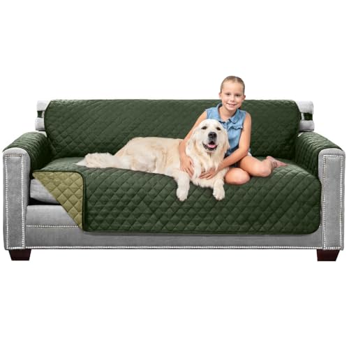 Sofa Shield Couch Slip Covers for Dogs Reversible Furniture Protector with Strap Stain and Tear Resistant Cushion Cover 70 inch Seat Machine Washable Slipcover Pets Cats Hunter Green Sage - Image 1
