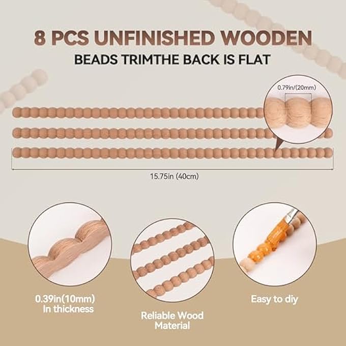 15. 75 INCH UNFINISHED WOOD BEADED TRIM ，CUTE DECORATIVE BEADED WOOD TRIM HLF WODEN BADS TIM MLDING FOR HOME WALL CABINET SHELF WINDOW DOOR (0.79 (20MM) X8PCS) - Image 3