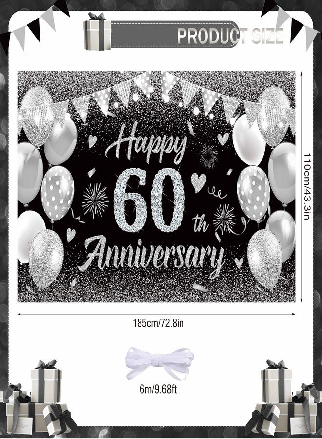 GOLDCROW Happy 60th Anniversary Banner Decor Black Silver - Glitter Love Heart Happy 60 Years Wedding Anniversary Party Backdrop Theme Decorations for Women Men Supplies - Image 3