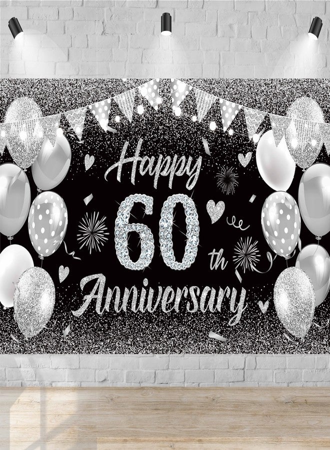 GOLDCROW Happy 60th Anniversary Banner Decor Black Silver - Glitter Love Heart Happy 60 Years Wedding Anniversary Party Backdrop Theme Decorations for Women Men Supplies - Image 1
