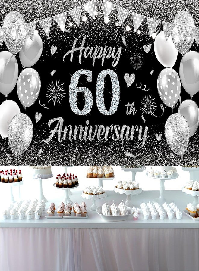 GOLDCROW Happy 60th Anniversary Banner Decor Black Silver - Glitter Love Heart Happy 60 Years Wedding Anniversary Party Backdrop Theme Decorations for Women Men Supplies - Image 2