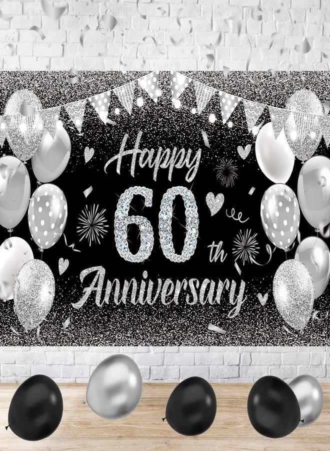 GOLDCROW Happy 60th Anniversary Banner Decor Black Silver - Glitter Love Heart Happy 60 Years Wedding Anniversary Party Backdrop Theme Decorations for Women Men Supplies - Image 4