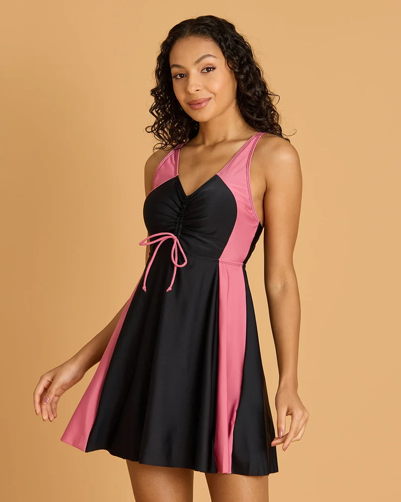Redtag Women Black and Pink And Panelled Swimdress With Built In Shorts
