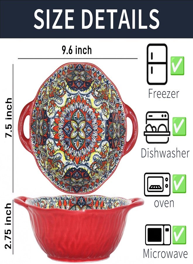 Ronanemon Bohemia Large Bowls with Handle, 40 oz Ceramic Soup Bowl for Salad, Pasta, Cereal,Fruit, Udon, Microwave & Dishwasher Safe (Red) - Image 2