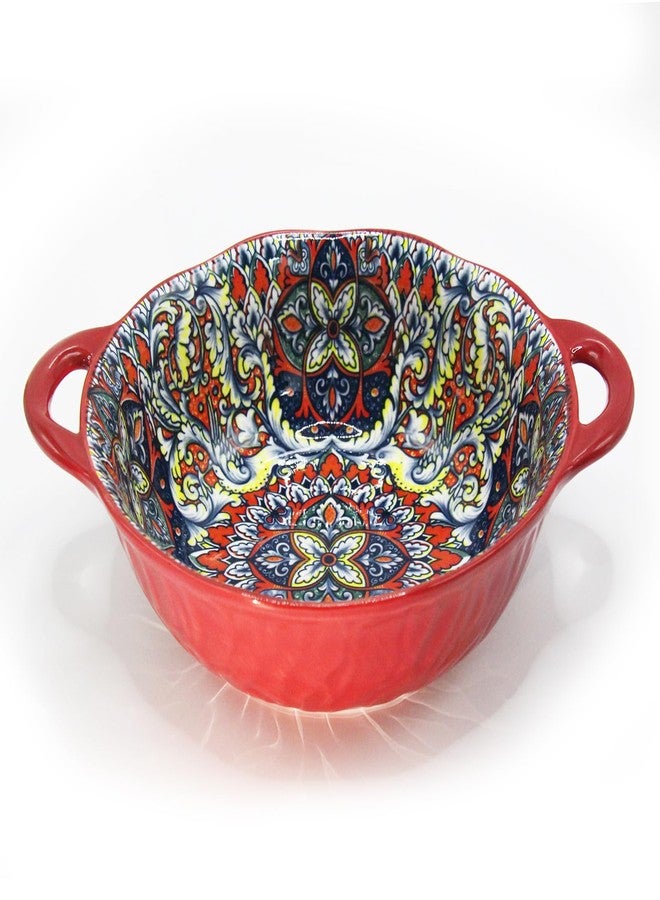 Ronanemon Bohemia Large Bowls with Handle, 40 oz Ceramic Soup Bowl for Salad, Pasta, Cereal,Fruit, Udon, Microwave & Dishwasher Safe (Red) - Image 1