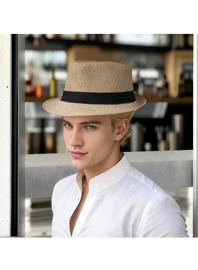قبعة من القش، قبعة قش عصرية للجنسين مع شريط متباين وحافة مجعدة للرجال، قبعة بنما جاز - Image 2