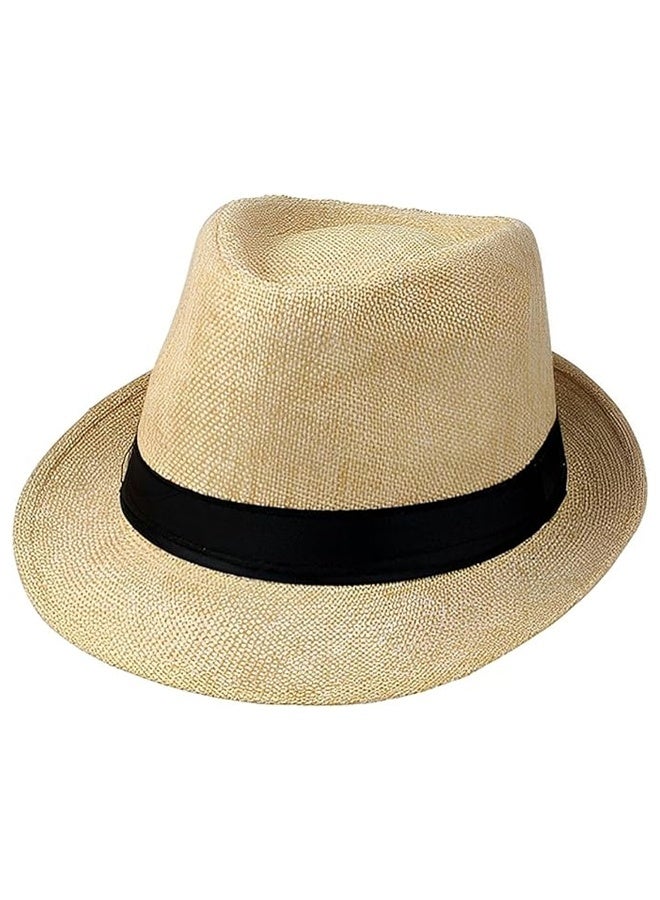 قبعة من القش، قبعة قش عصرية للجنسين مع شريط متباين وحافة مجعدة للرجال، قبعة بنما جاز - Image 1