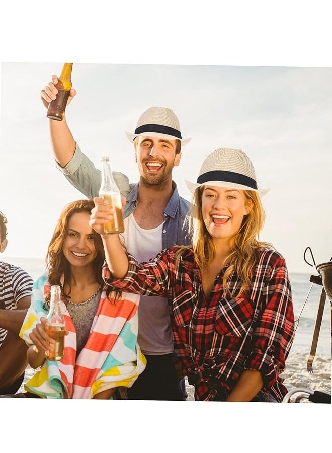 قبعة من القش، قبعة قش عصرية للجنسين مع شريط متباين وحافة مجعدة للرجال، قبعة بنما جاز - Image 3