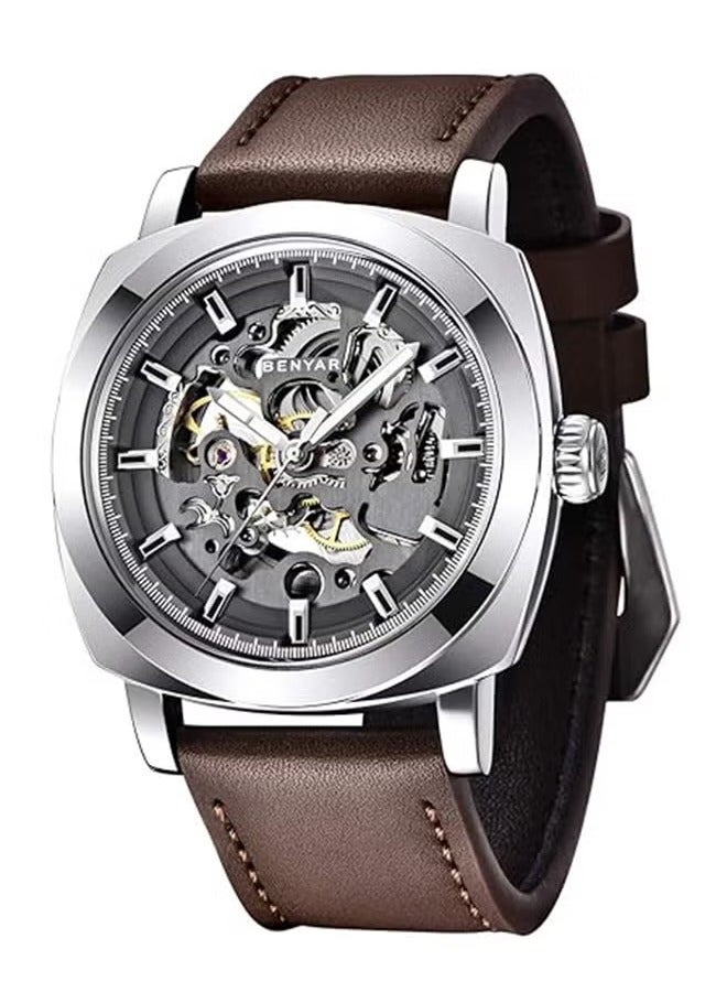 BENYAR Men's Automatic Mechanical Watch - Automatic Winding Movement, Stainless Steel Waterproof Case, Fashionable Brown Leather Strap, Silver-Black Dial, Business Luxury Style - Image 1