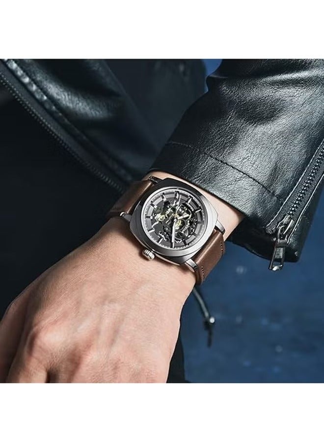 BENYAR Men's Automatic Mechanical Watch - Automatic Winding Movement, Stainless Steel Waterproof Case, Fashionable Brown Leather Strap, Silver-Black Dial, Business Luxury Style - Image 2