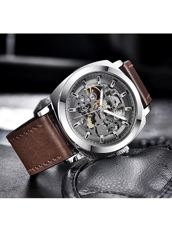BENYAR Men's Automatic Mechanical Watch - Automatic Winding Movement, Stainless Steel Waterproof Case, Fashionable Brown Leather Strap, Silver-Black Dial, Business Luxury Style - Image 3