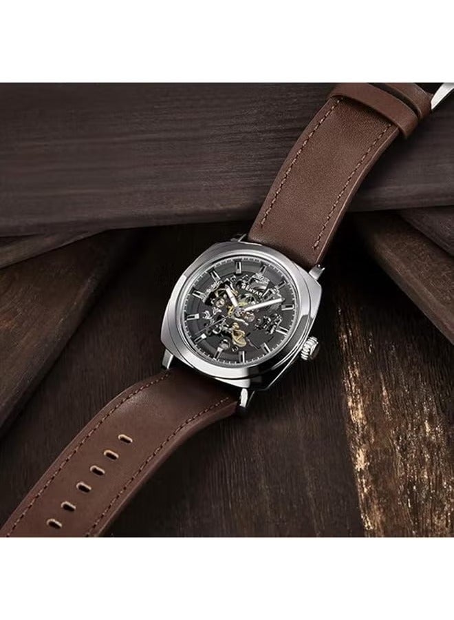 BENYAR Men's Automatic Mechanical Watch - Automatic Winding Movement, Stainless Steel Waterproof Case, Fashionable Brown Leather Strap, Silver-Black Dial, Business Luxury Style - Image 4