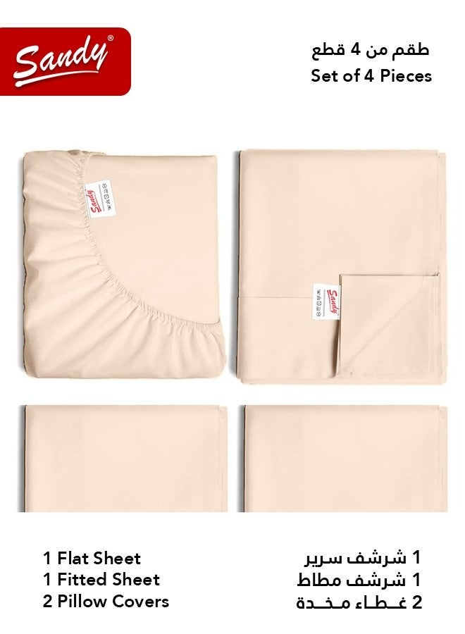 ساندي طقم شراشف سرير ساندي فاخر بجودة الفنادق شرشف مسطح وشرشف مطاط مع أغطية وسائد، طقم من أربعة قطع، شديد النعومة وجيد التهوية وبارد, مقاس نفر ونص دبل (205 × 243 سم & 140 × 200 +30 سم), بيج - Image 2