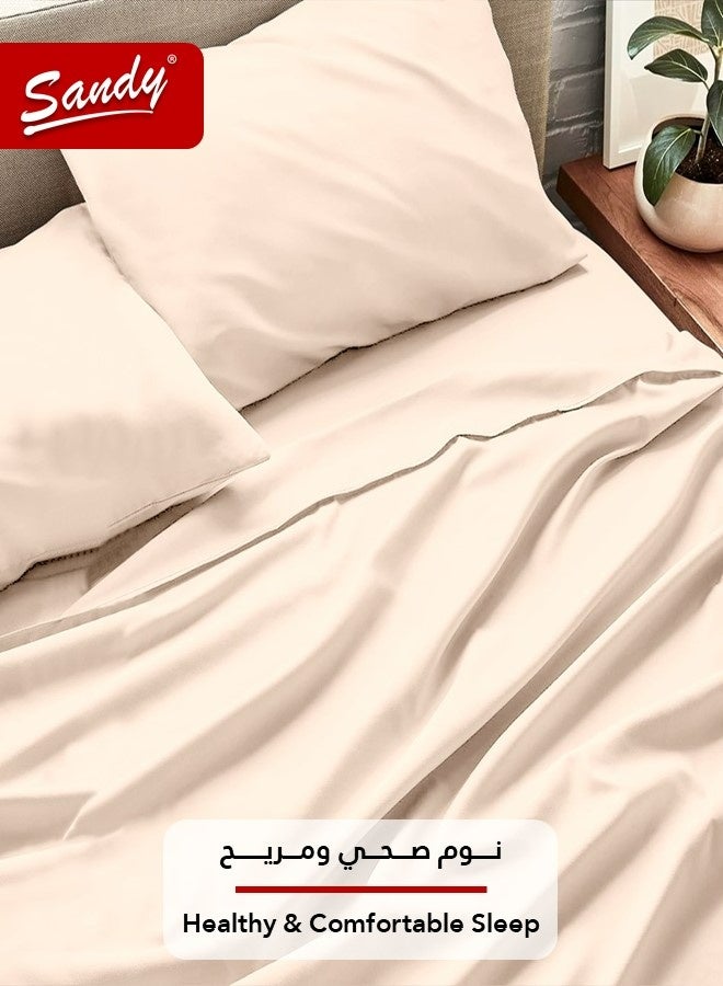 ساندي طقم شراشف سرير ساندي فاخر بجودة الفنادق شرشف مسطح وشرشف مطاط مع أغطية وسائد، طقم من أربعة قطع، شديد النعومة وجيد التهوية وبارد, مقاس نفر ونص دبل (205 × 243 سم & 140 × 200 +30 سم), بيج - Image 3
