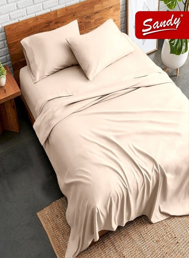 ساندي طقم شراشف سرير ساندي فاخر بجودة الفنادق شرشف مسطح وشرشف مطاط مع أغطية وسائد، طقم من أربعة قطع، شديد النعومة وجيد التهوية وبارد, مقاس نفر ونص دبل (205 × 243 سم & 140 × 200 +30 سم), بيج - Image 1