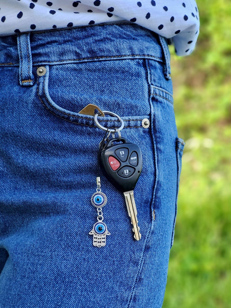 LUCKBOOSTIUM Hamsa Hand Evil Eye Keychain with Crystal Rhinestones - Protection & Good Luck Charm Keychain, Rear View Mirror Accessories, Evil Eye Wall Decor and Bag Charms (Silver & Ball Chain) - Image 5